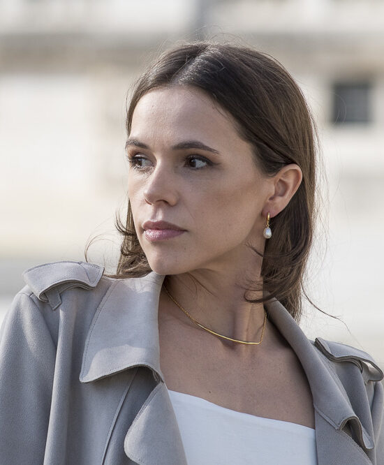 Pearl drop earrings and gold necklace